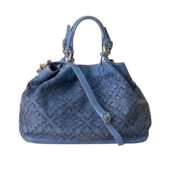 Sundance Handbags - Sundance Medeira Blue Laser Cut Leather Shoulder Bag Satchel Double Top Handle